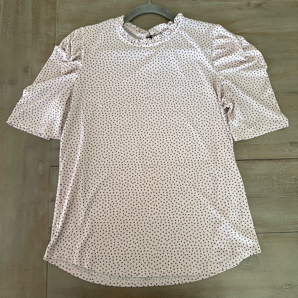 Adrianna Papell Light Pink Polka Dot Ruffle Neck Puff Sleeve Top